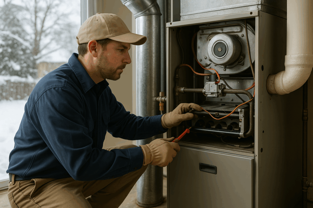Technician repairing a gas furnace during a winter emergency in metro detroit home